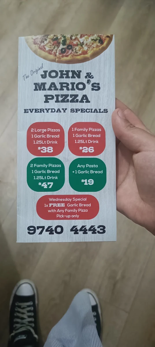 Menu, John & Mario's Pizza