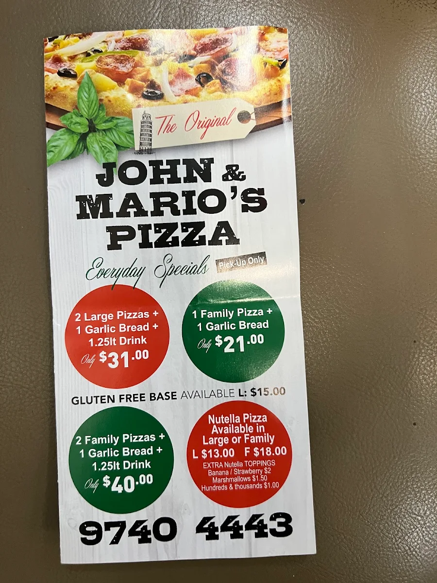 Menu, John & Mario's Pizza
