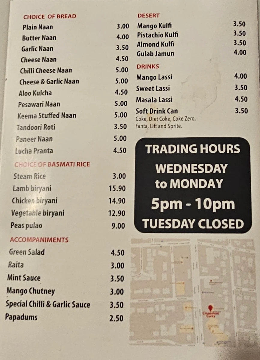 Menu, Cinnamon Curry