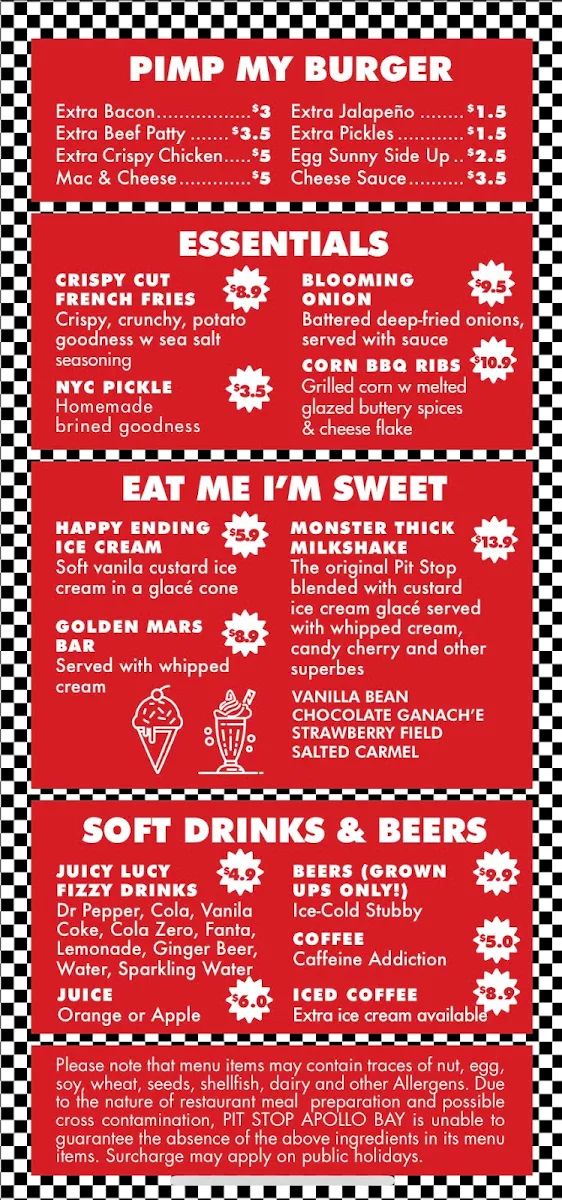 Menu, Pit Stop Bros