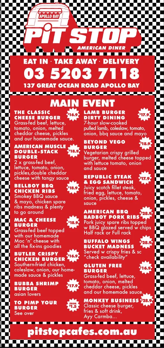 Menu, Pit Stop Bros