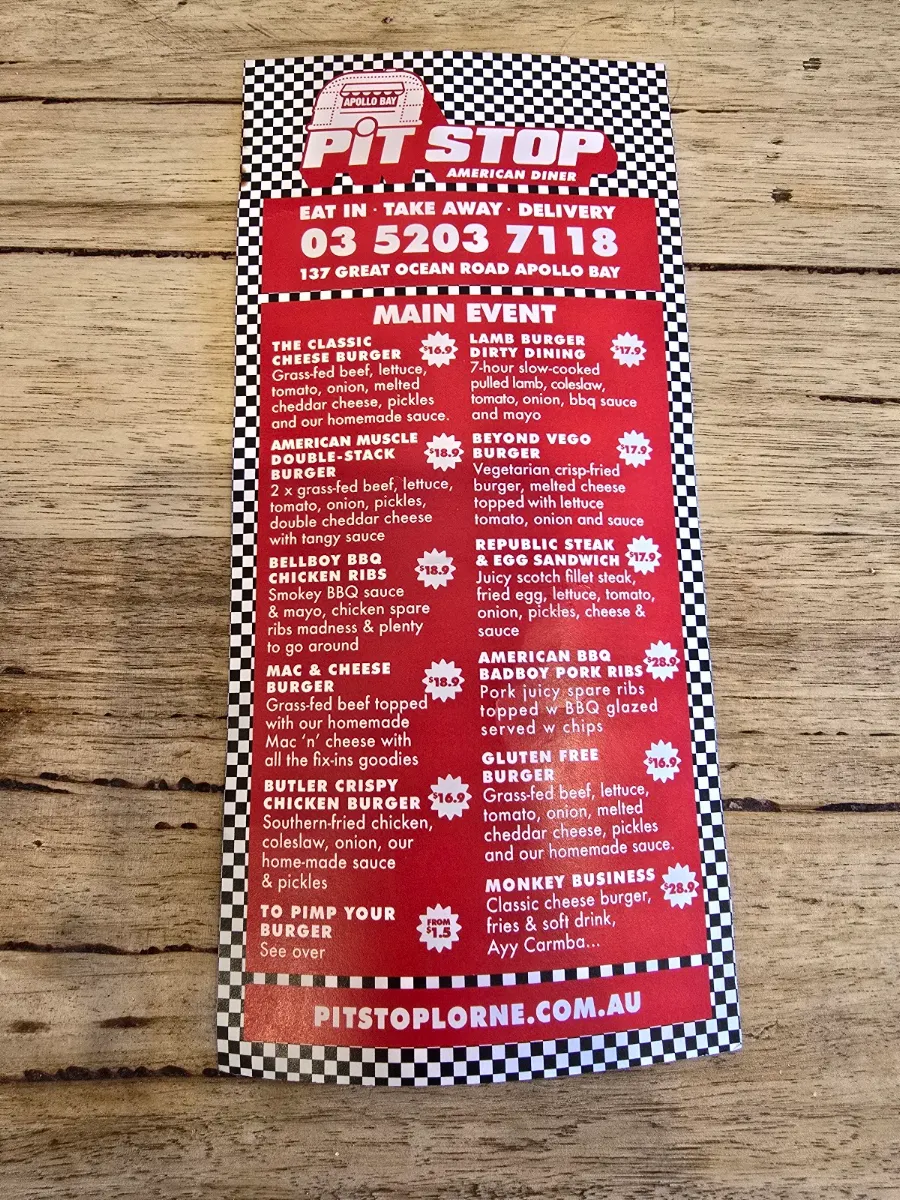 Menu, Pit Stop Bros