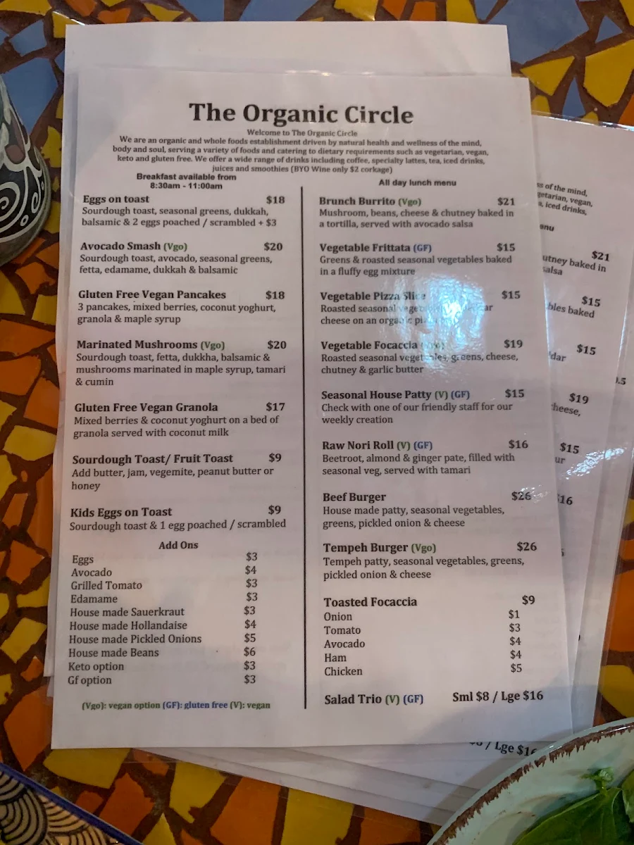 Menu, The Organic Circle