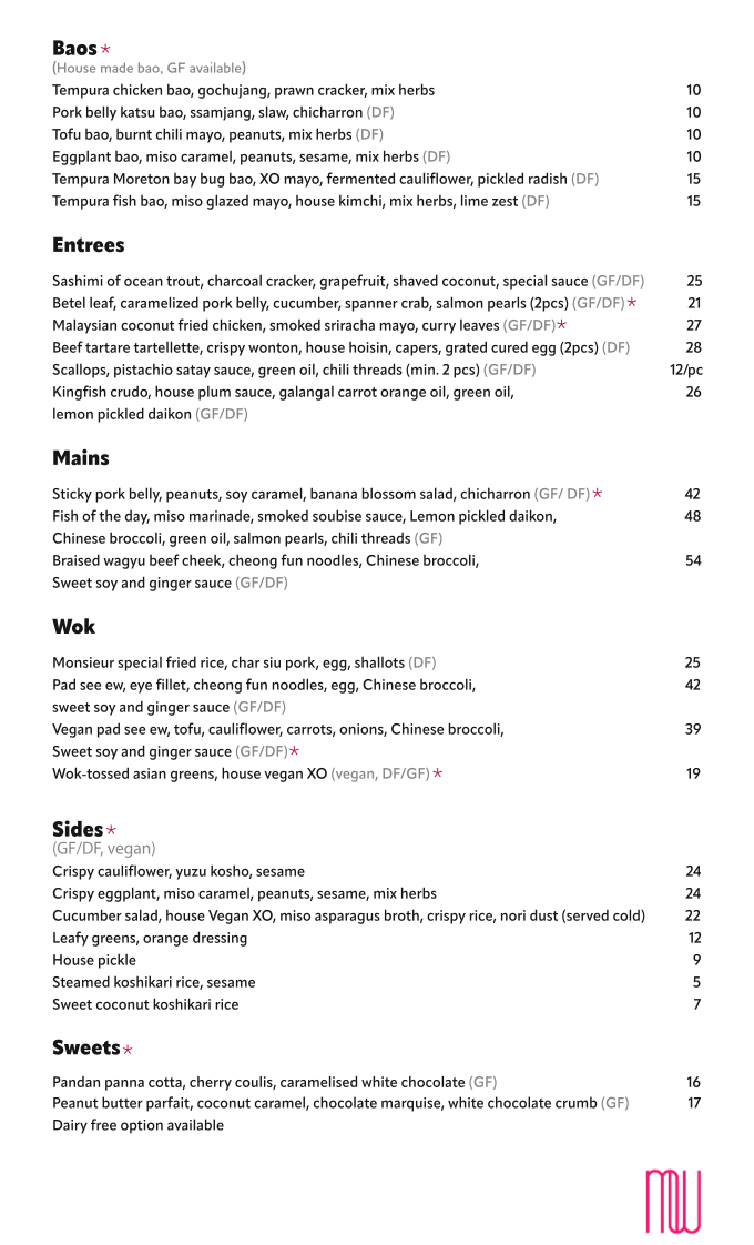 Menu, Monsieur Chow