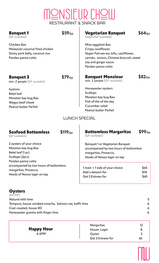 Menu, Monsieur Chow