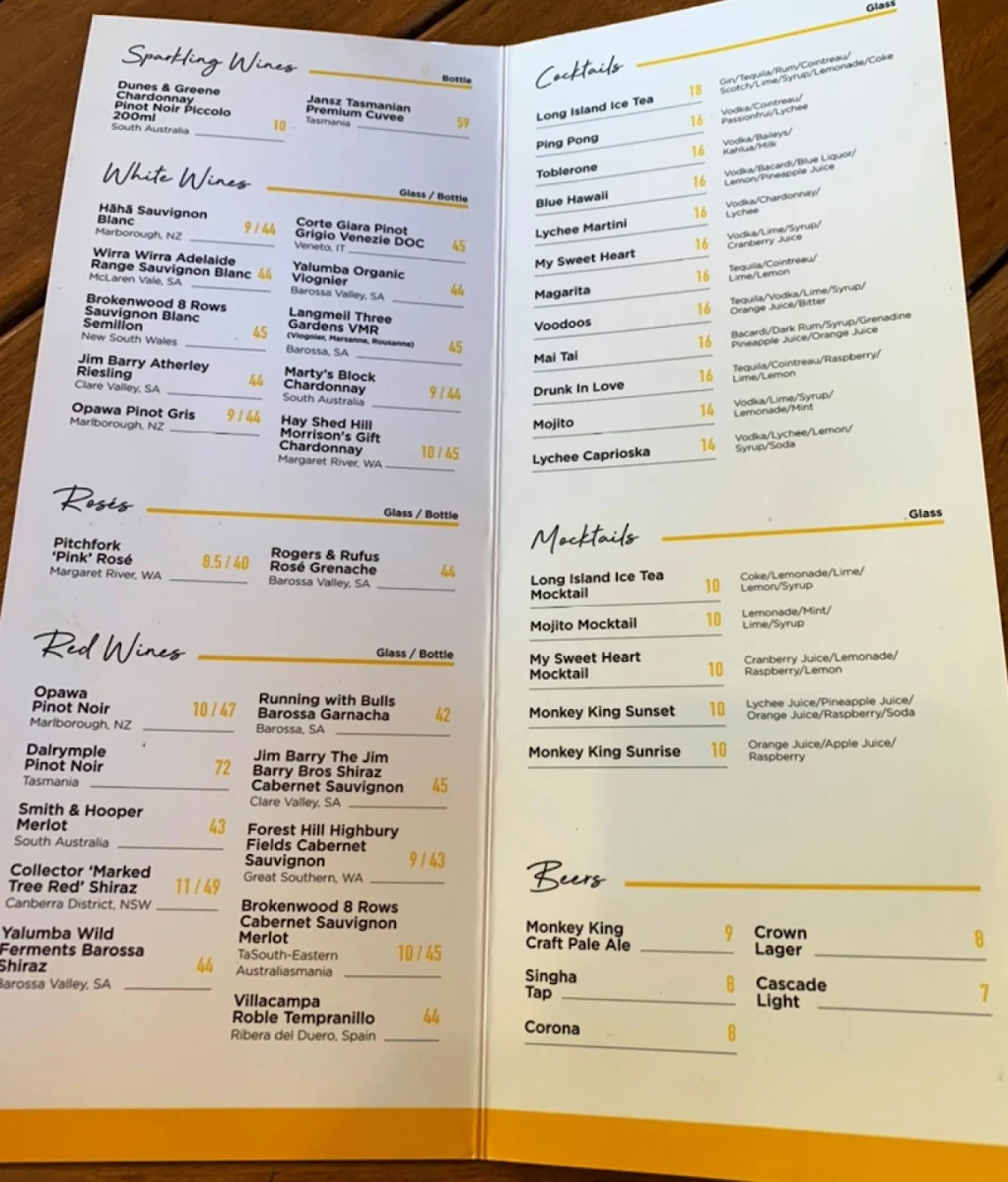 Menu, Monkey King Thai - Balgowlah