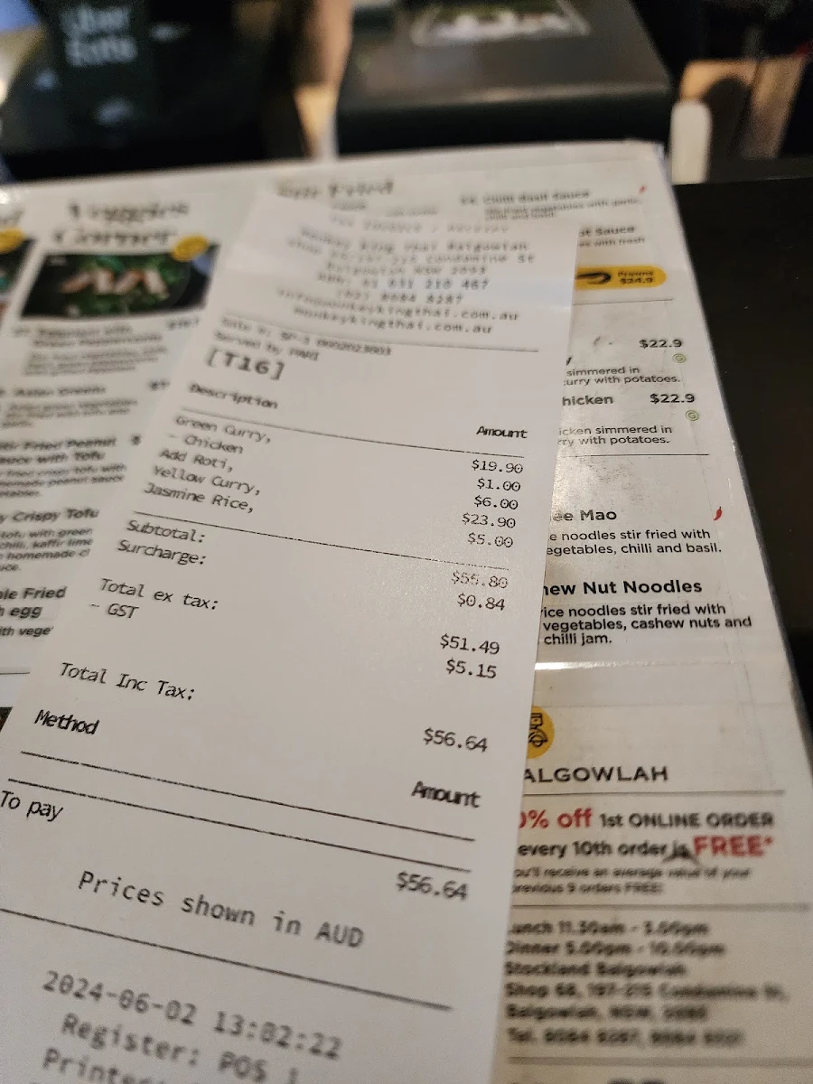 Menu, Monkey King Thai - Balgowlah