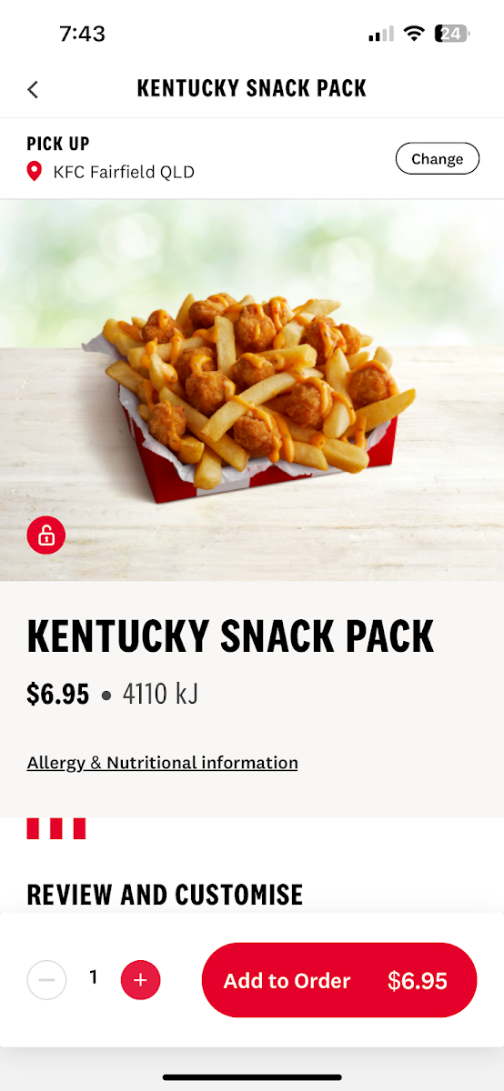 Menu, KFC Fairfield QLD