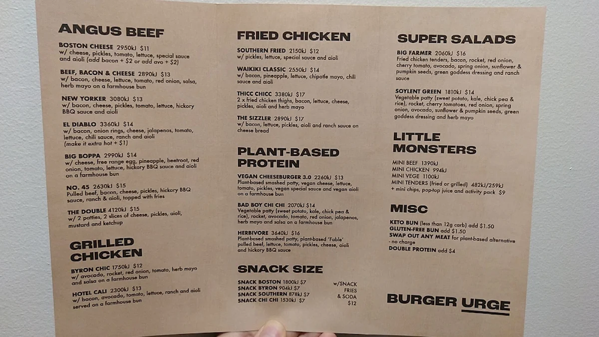 Menu, Burger Urge (Salisbury)
