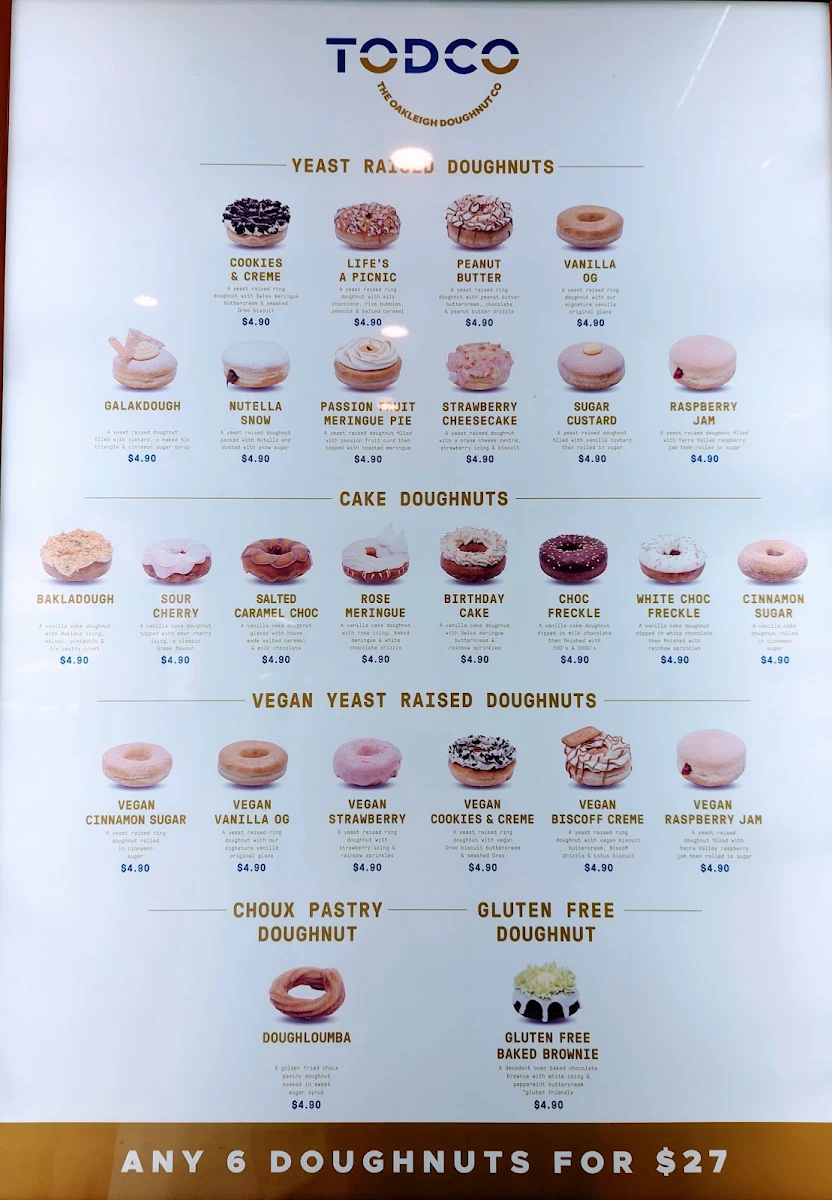 Menu, TODCO - The Oakleigh Doughnut Co (South Yarra)