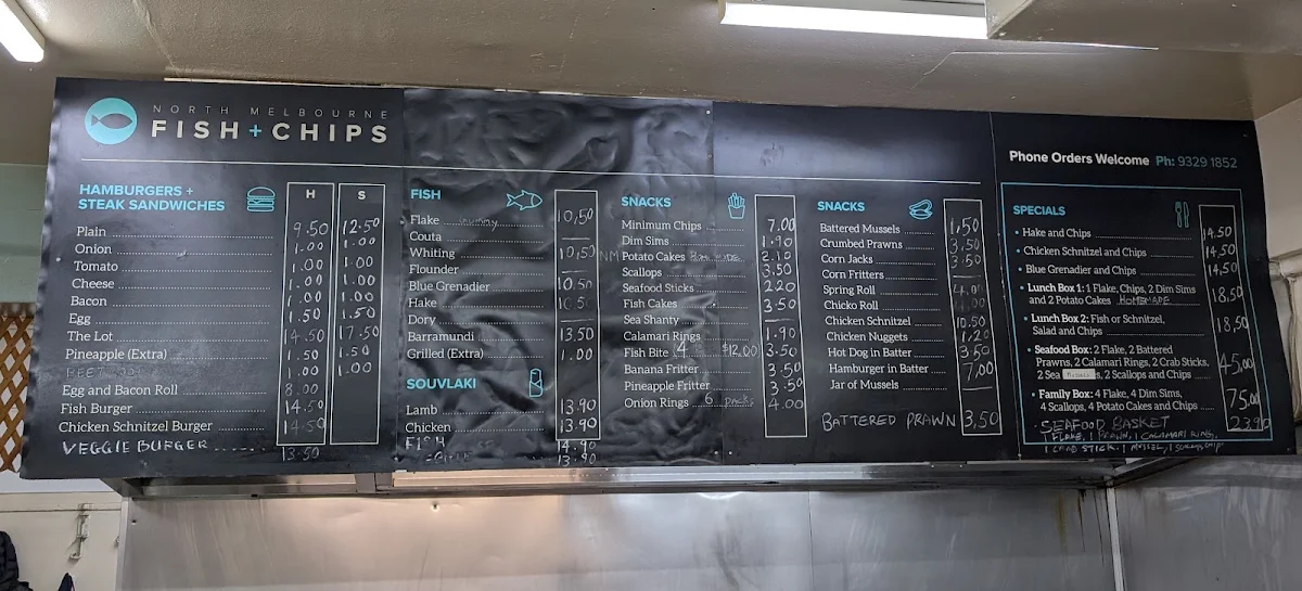 Menu, North Melbourne Fish and Chips