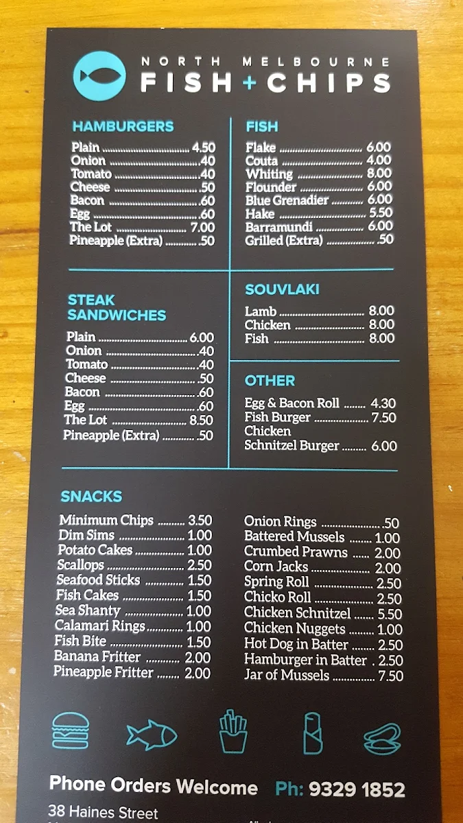 Menu, North Melbourne Fish and Chips