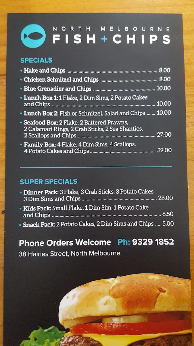 Menu, North Melbourne Fish and Chips