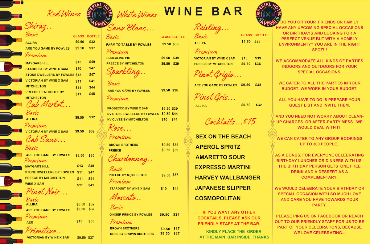 Menu, Imperial Hotel Avenel