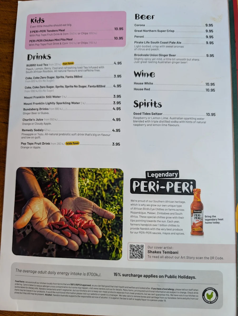 Menu, Nando's Belmont