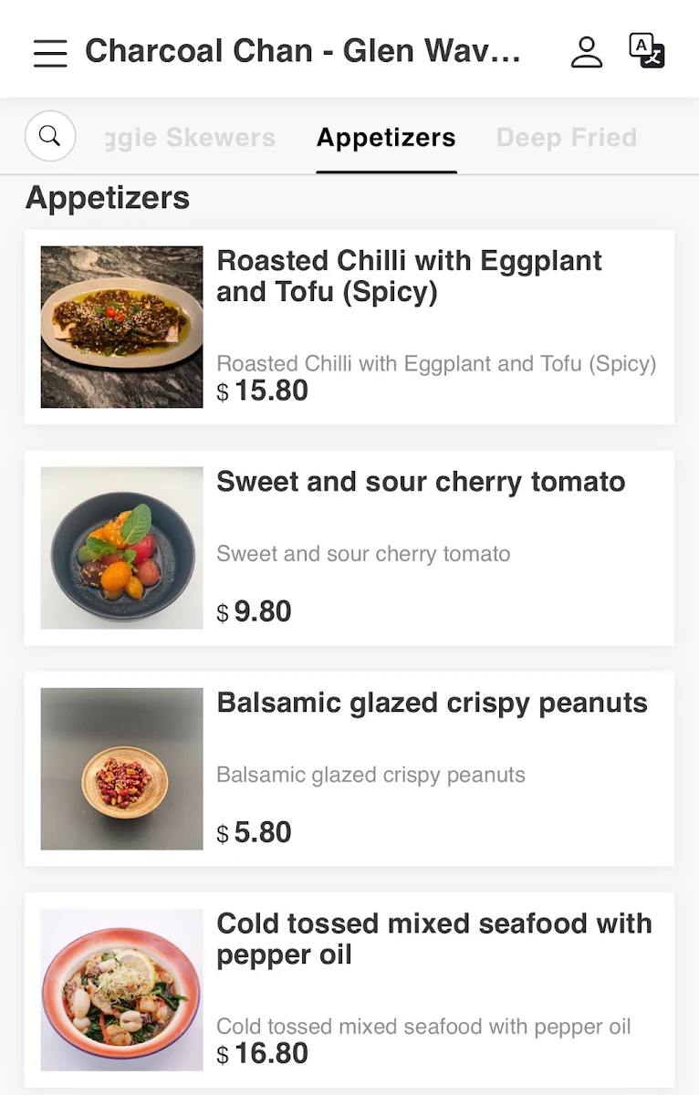 Menu, Charcoal Chan