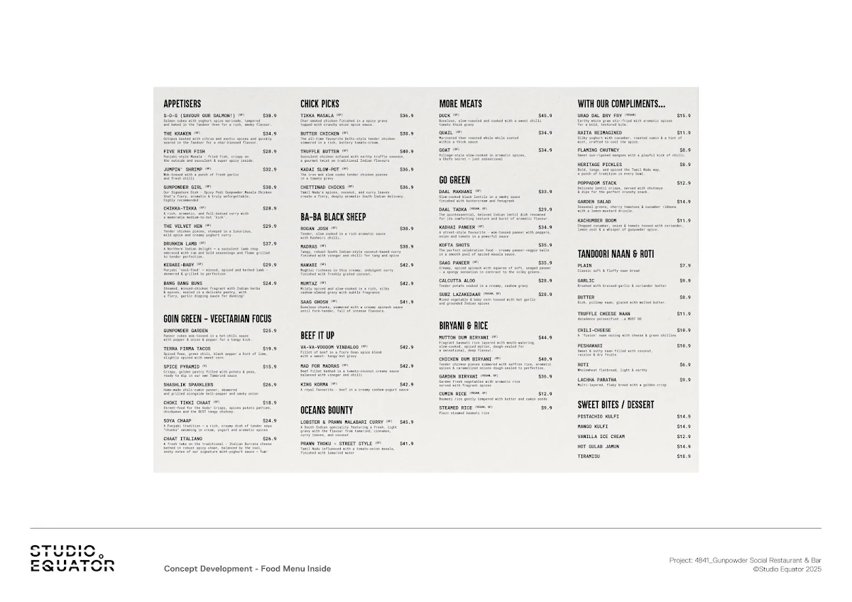 Menu, Gunpowder Social Indian Diner Bar & Terrace