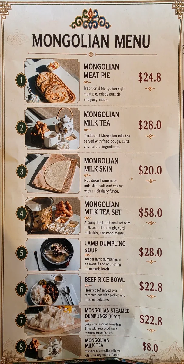 Menu, MGL Mongolian Restaurant