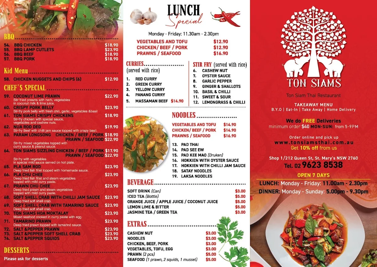 Menu, Tonsiams Thai Restuarant- Ton Siams