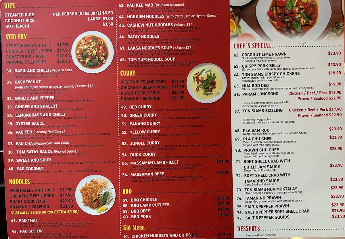 Menu, Tonsiams Thai Restuarant- Ton Siams