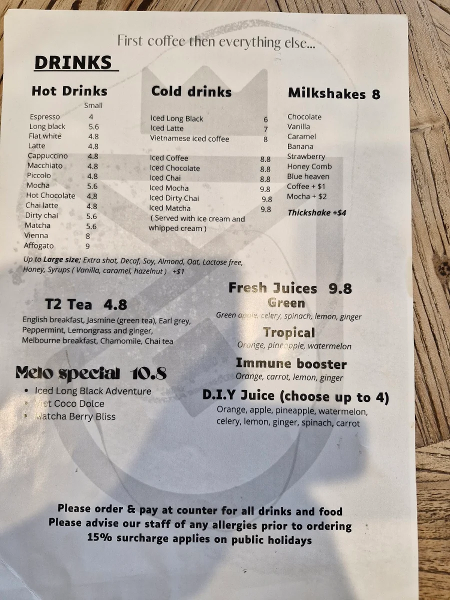 Menu, Melo Cafe
