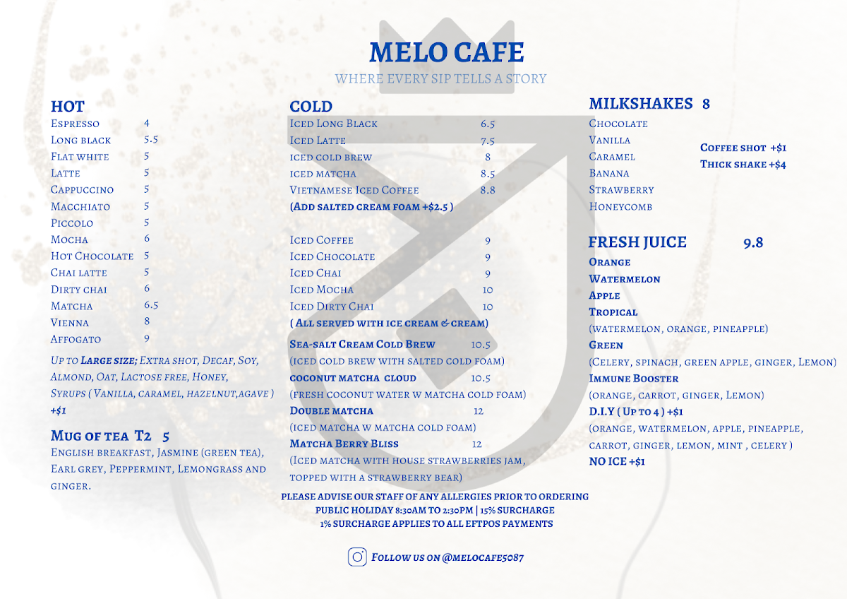 Menu, Melo Cafe