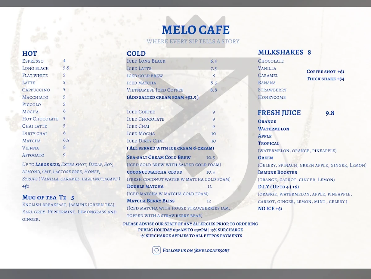 Menu, Melo Cafe