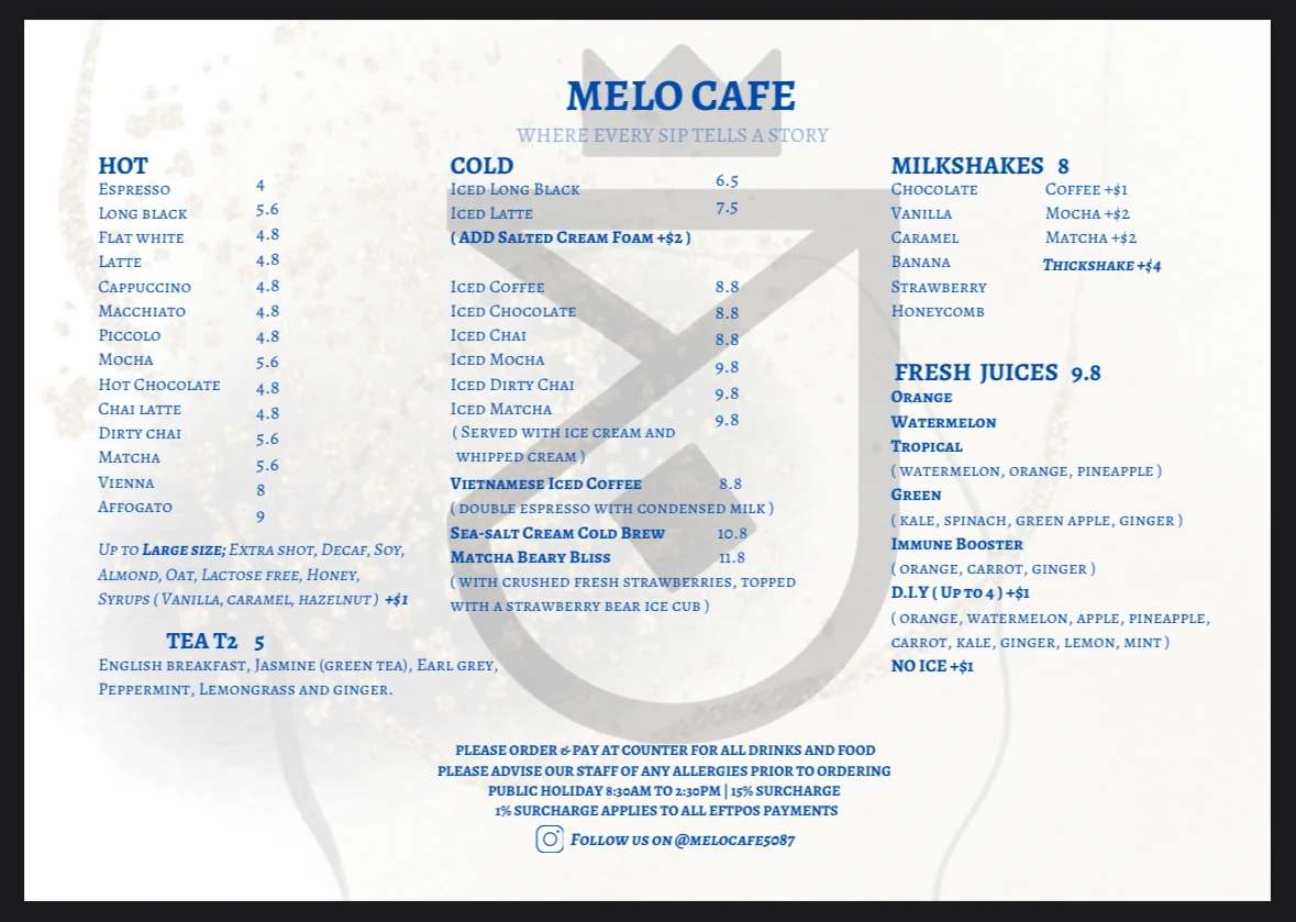 Menu, Melo Cafe