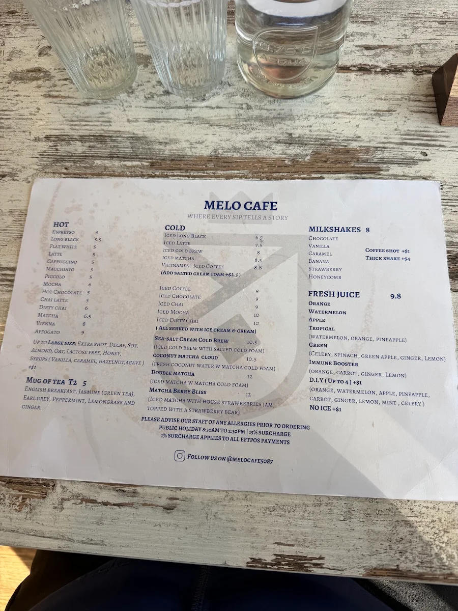 Menu, Melo Cafe