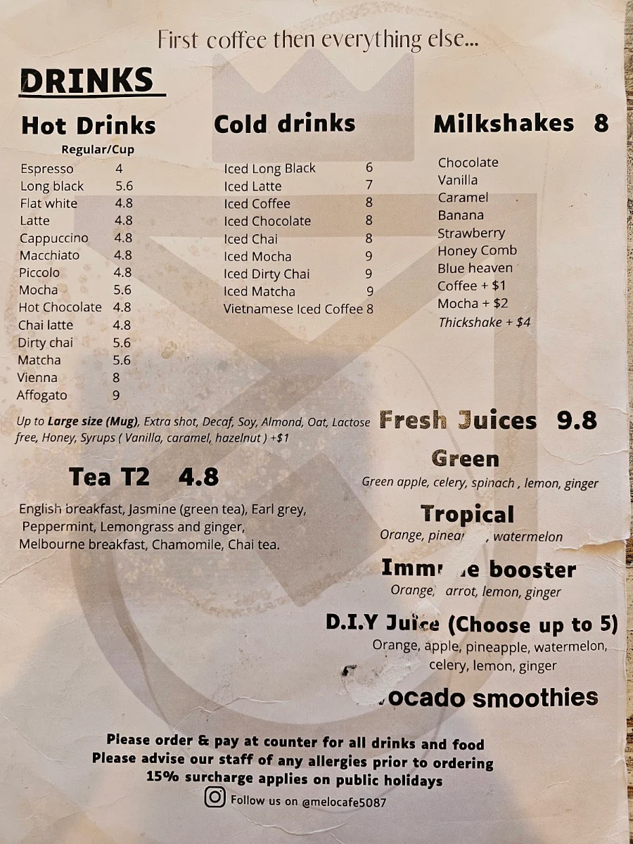 Menu, Melo Cafe
