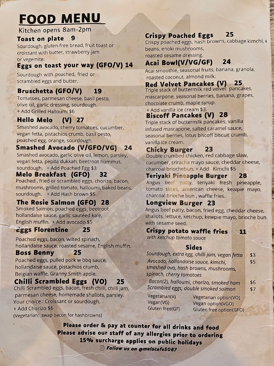 Menu, Melo Cafe