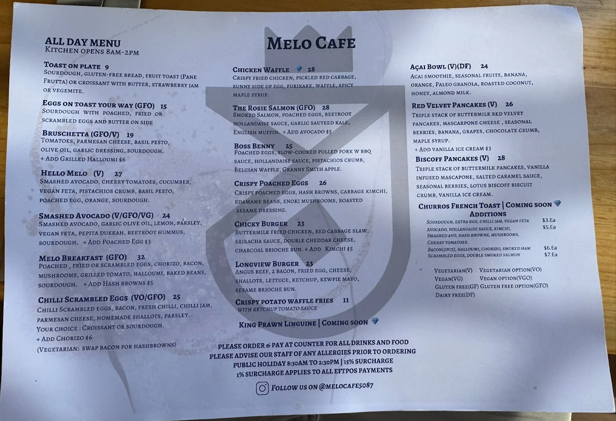 Menu, Melo Cafe