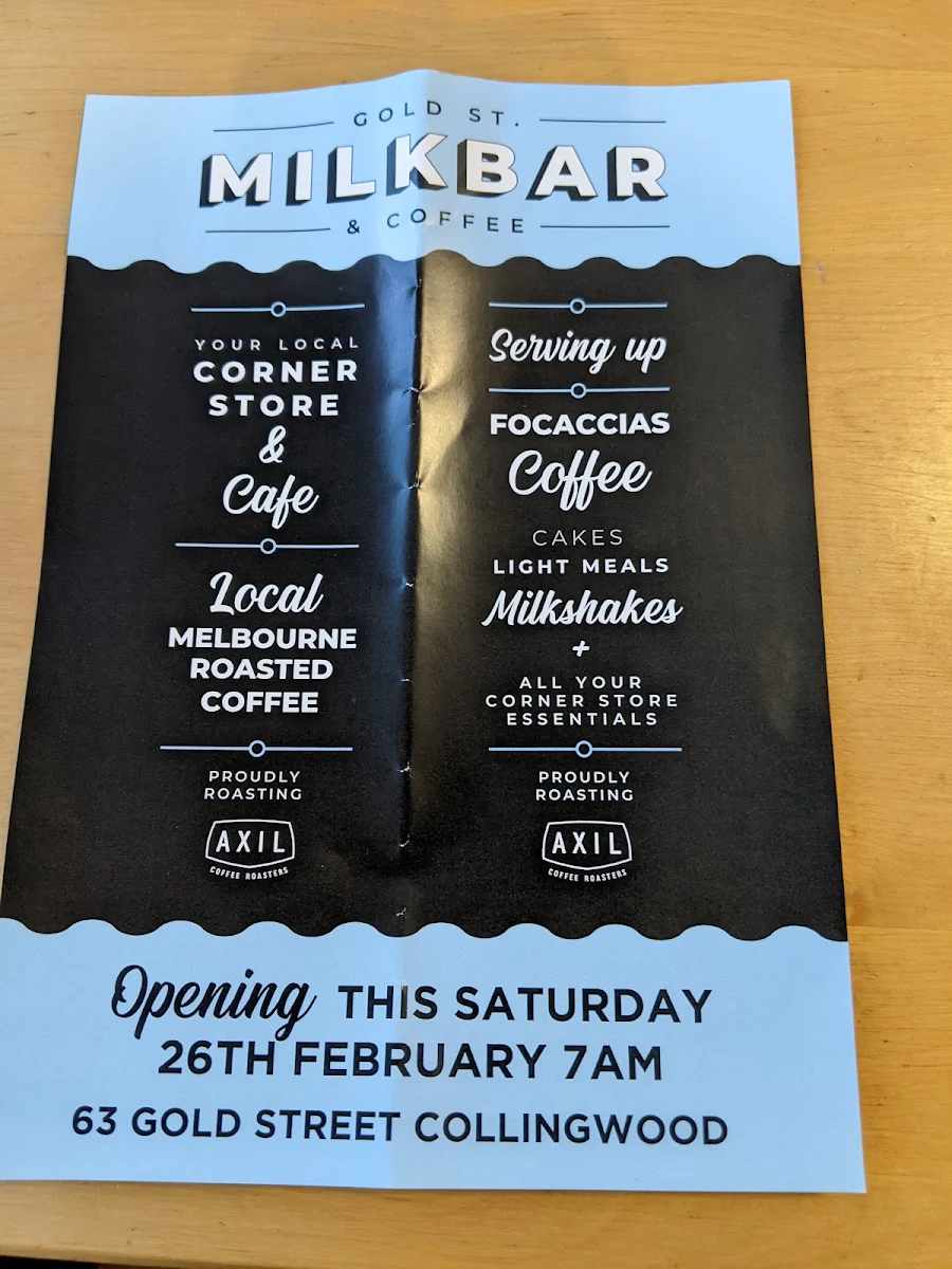 Menu, Gold St. Milk Bar