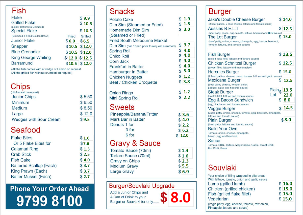 Menu, Flakey Jakes Lynbrook
