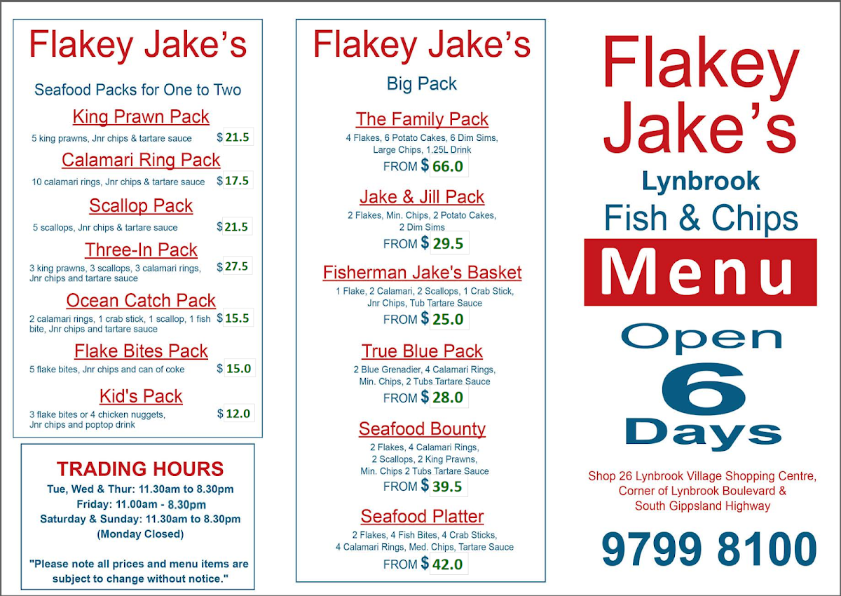 Menu, Flakey Jakes Lynbrook