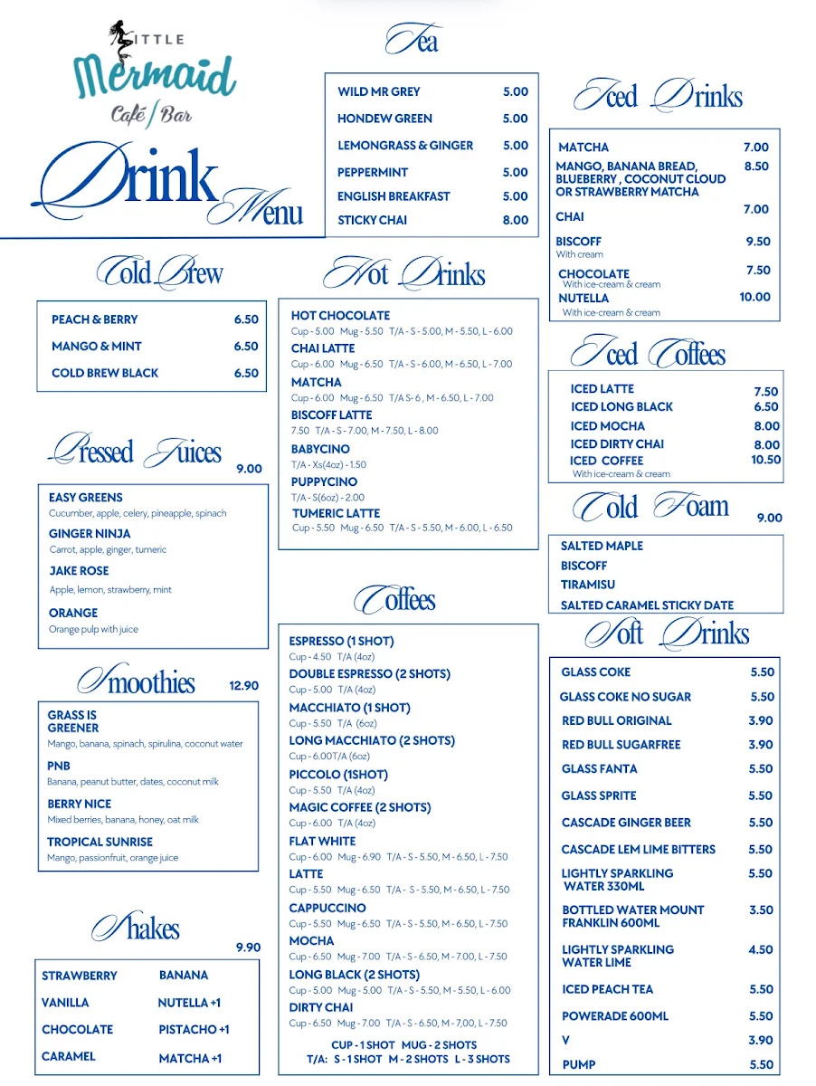 Menu, Little Mermaid Cafe Bar