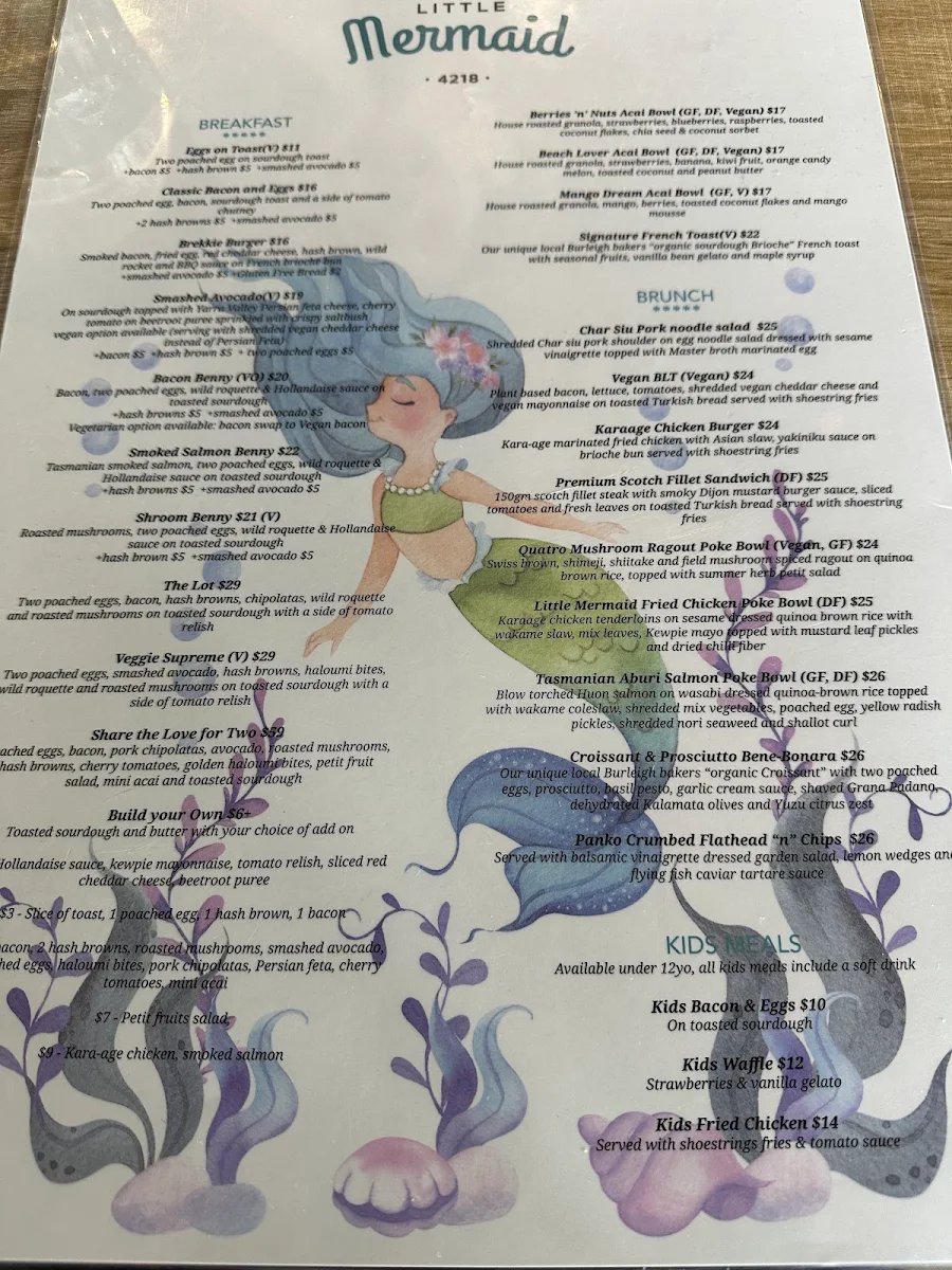 Menu, Little Mermaid Cafe Bar