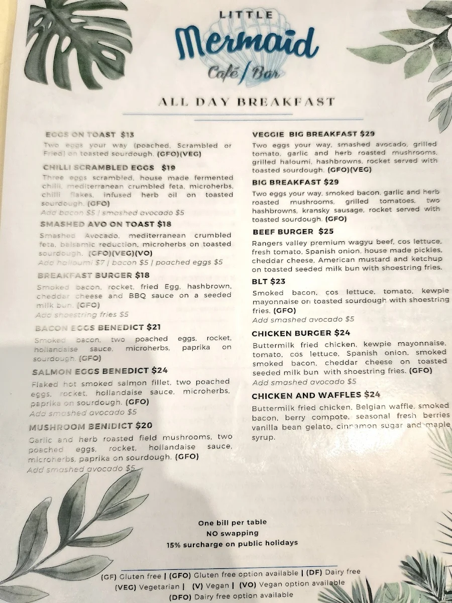 Menu, Little Mermaid Cafe Bar