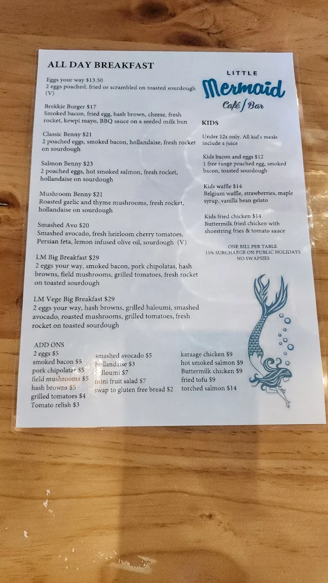 Menu, Little Mermaid Cafe Bar