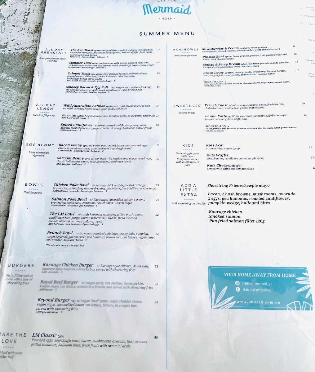 Menu, Little Mermaid Cafe Bar
