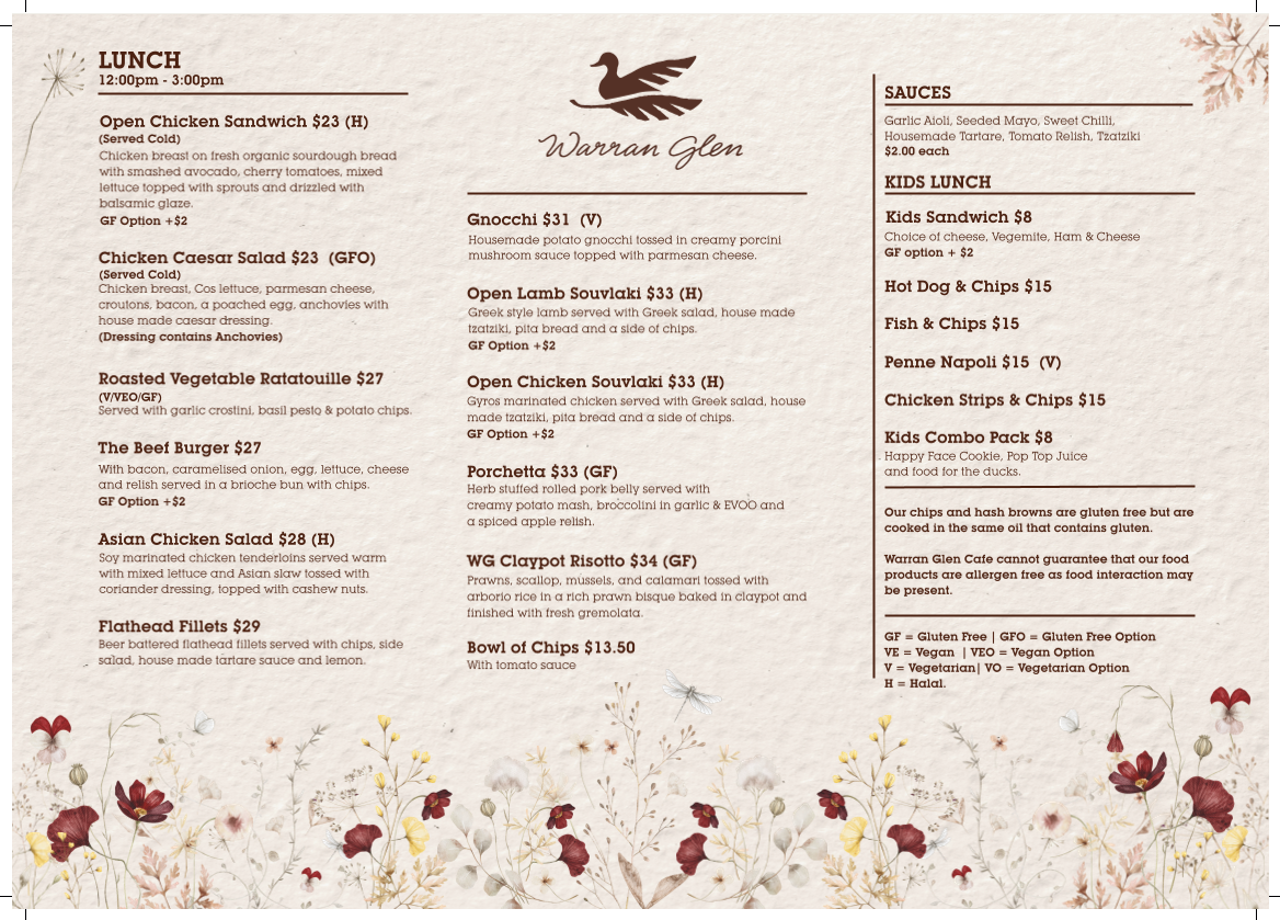 Menu, Warran Glen Cafe