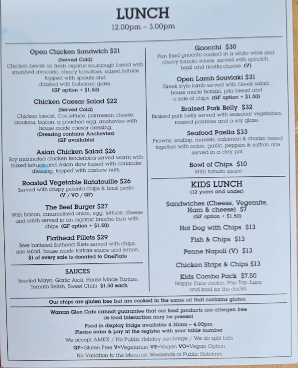 Menu, Warran Glen Cafe