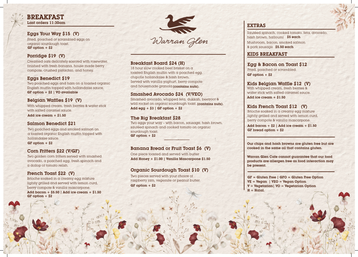 Menu, Warran Glen Cafe