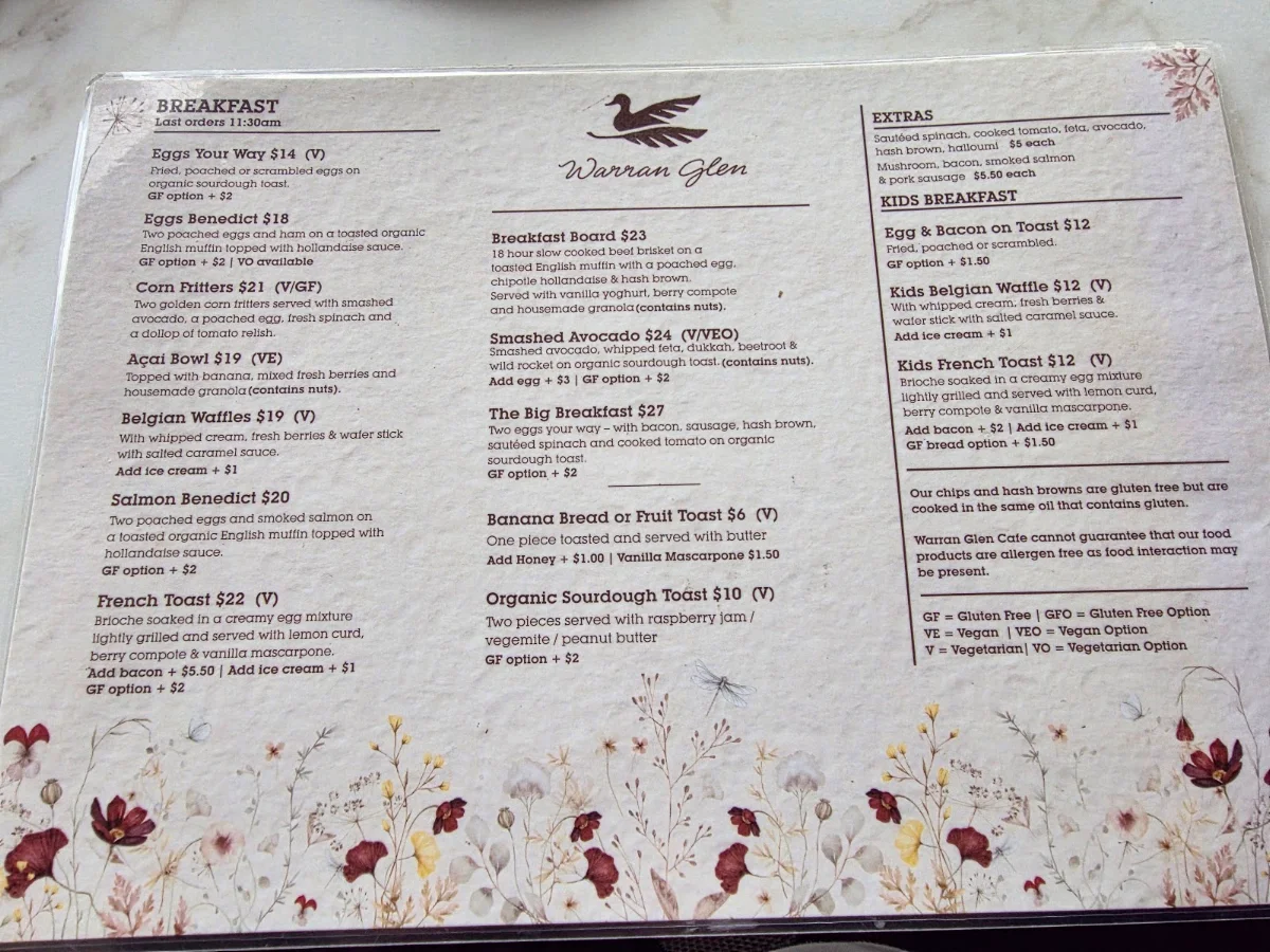Menu, Warran Glen Cafe