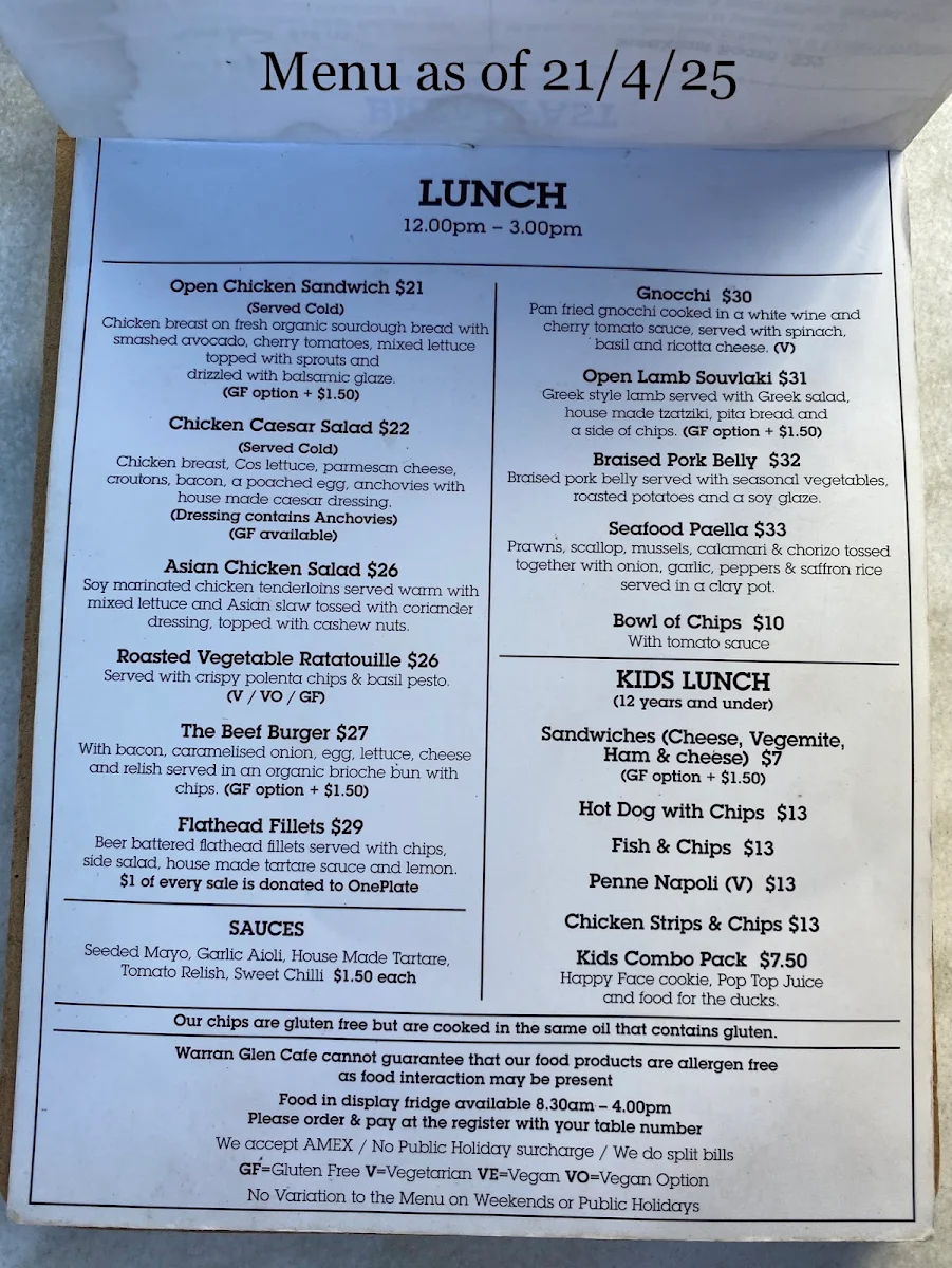 Menu, Warran Glen Cafe