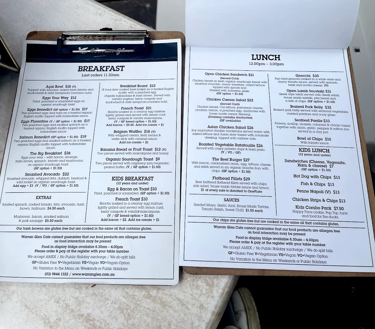 Menu, Warran Glen Cafe