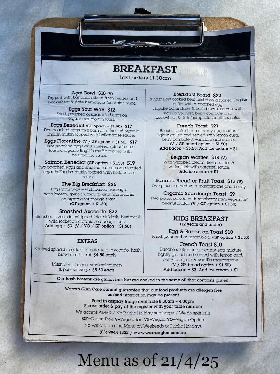 Menu, Warran Glen Cafe