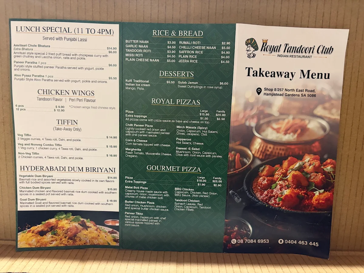 Menu, Royal Tandoori Club Restaurant