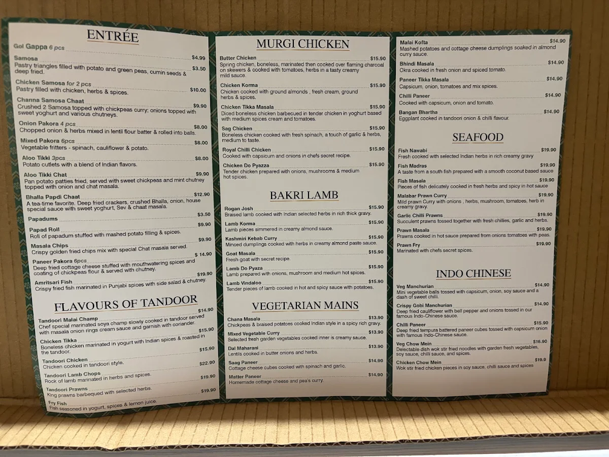 Menu, Royal Tandoori Club Restaurant
