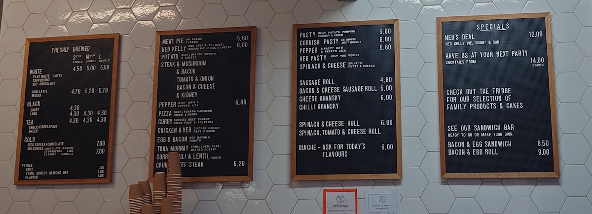 Menu, Ned Kelly's Bakery